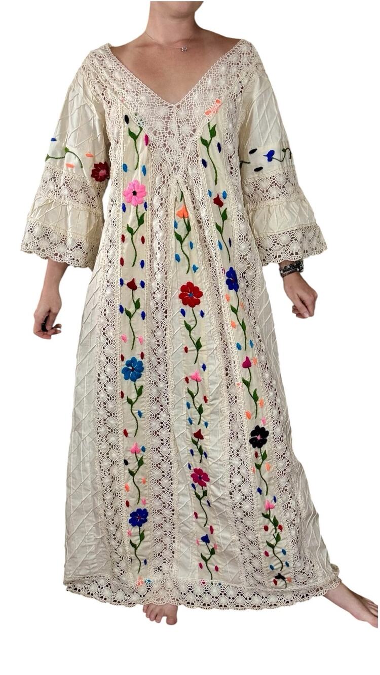 1960s Mexican Wedding Dress Cotton Floral Crochet Wool Embroidery Bell Sleeve